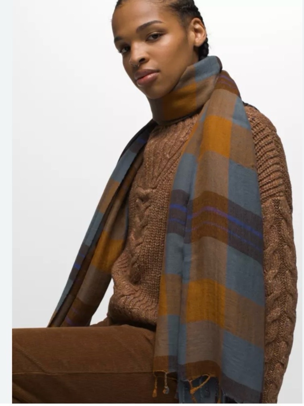 PRANA Skylan Scarf Plaid Wool Tencel